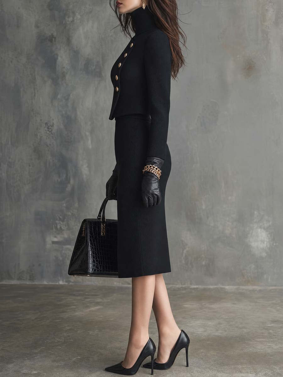 Vintage Wool-blend Jacket With An Asymmetrical Placket Knitted Skirt Two-piece Set