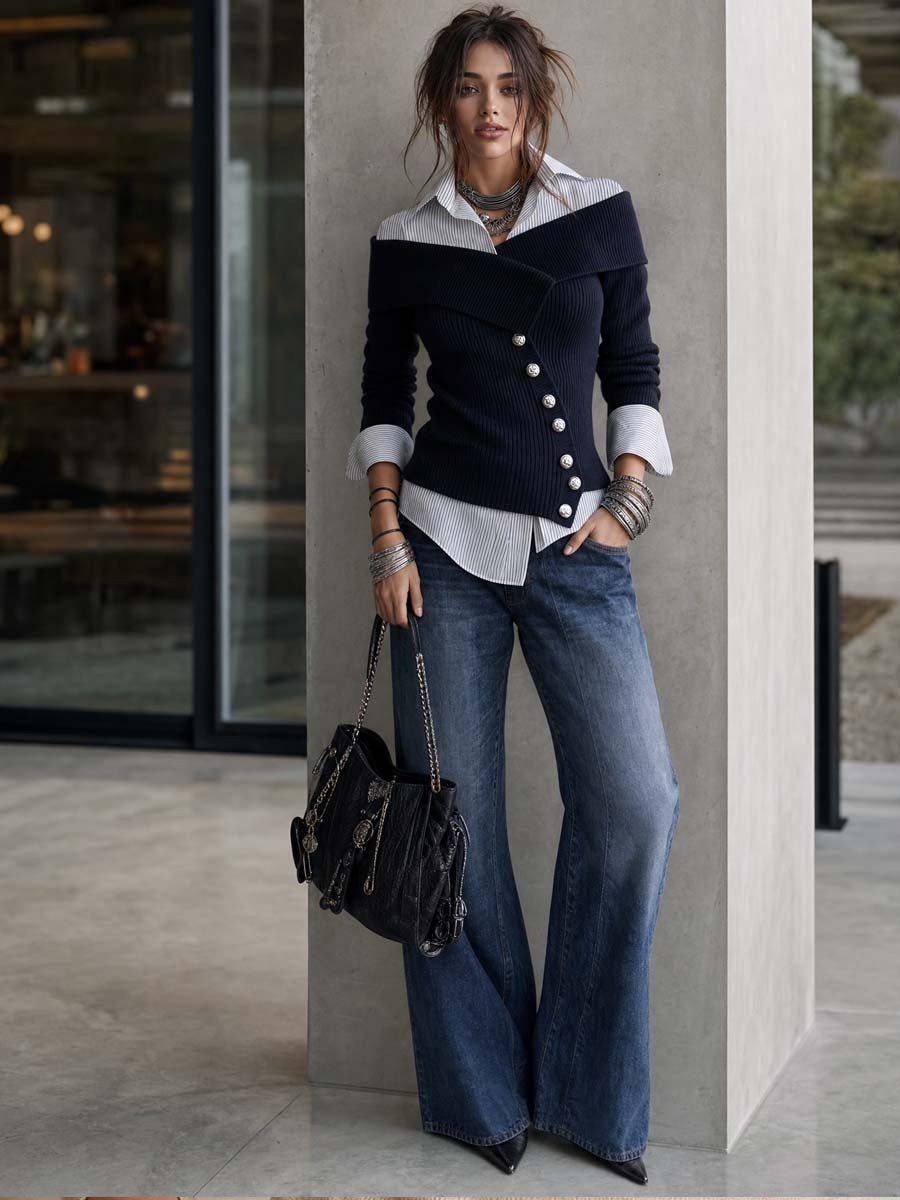 Asymmetric Placket Faux-layered Knit Blouse