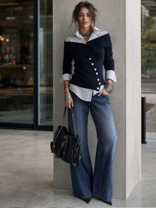 Asymmetric Placket Faux-layered Knit Blouse