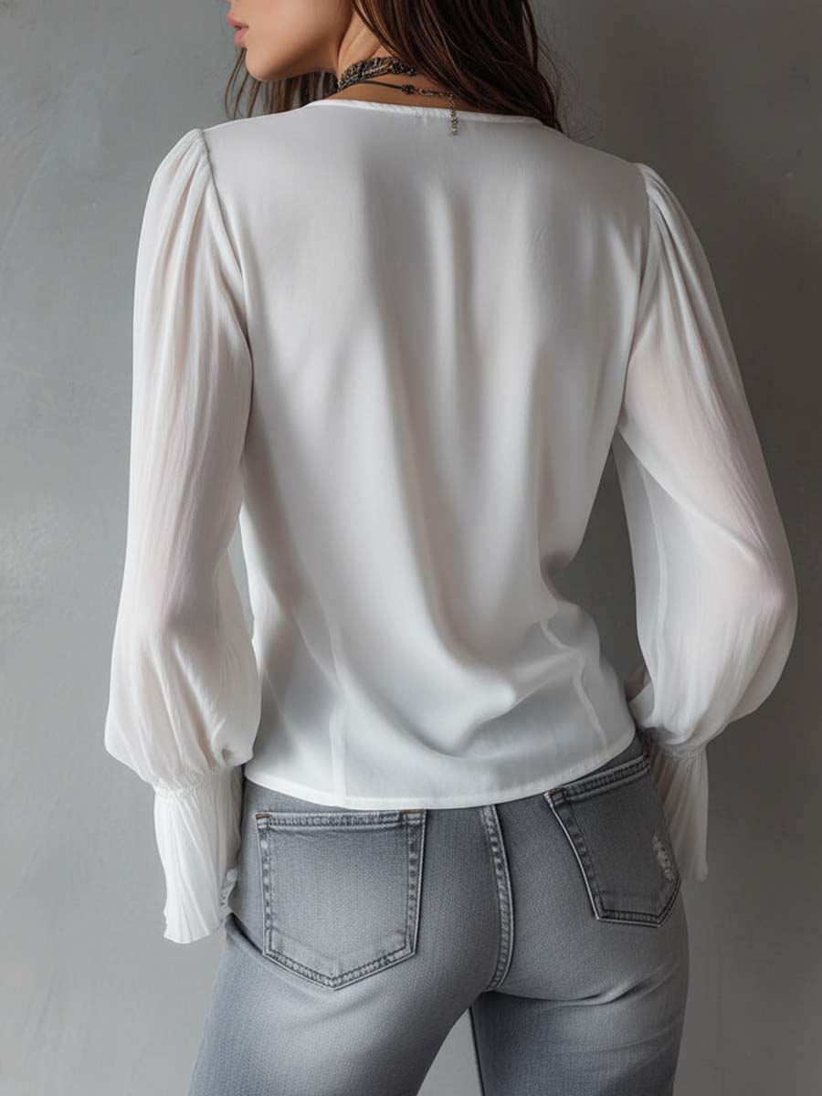 Vintage-style Pleated Ruffle Cuff Chiffon Blouse