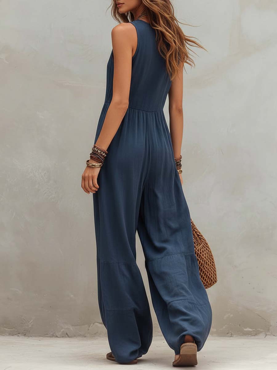 Retro Ruffle Neck Cotton And Linen Jumpsuit