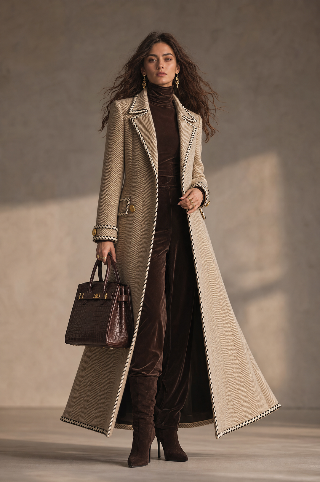 Vintage Herringbone Double-Breasted Long Wool Coat with Contrast Trim