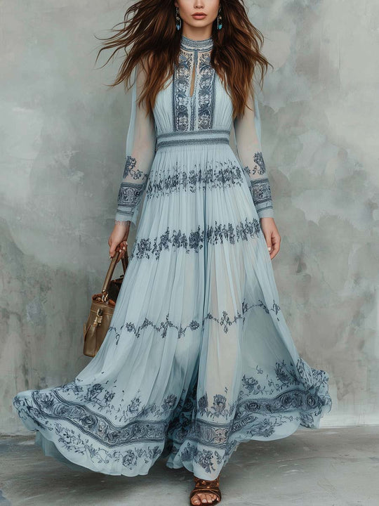 Retro Boho Floral Print Chiffon Midi Dress