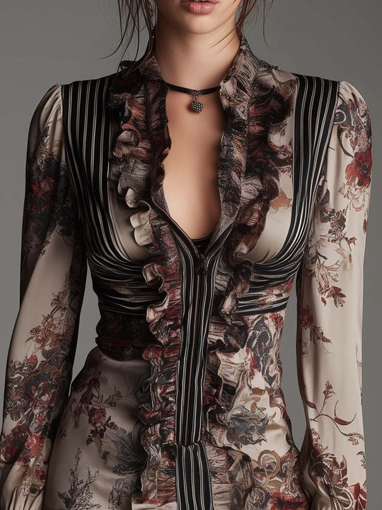 Floral Pinstripe Ruffle Zip-Front Mini Dress