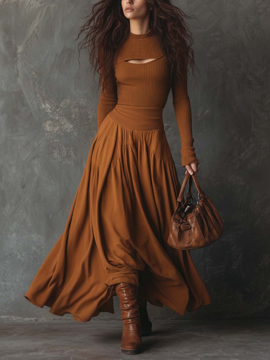 Ribbed Knit Bodice Spliced Maxi Dress