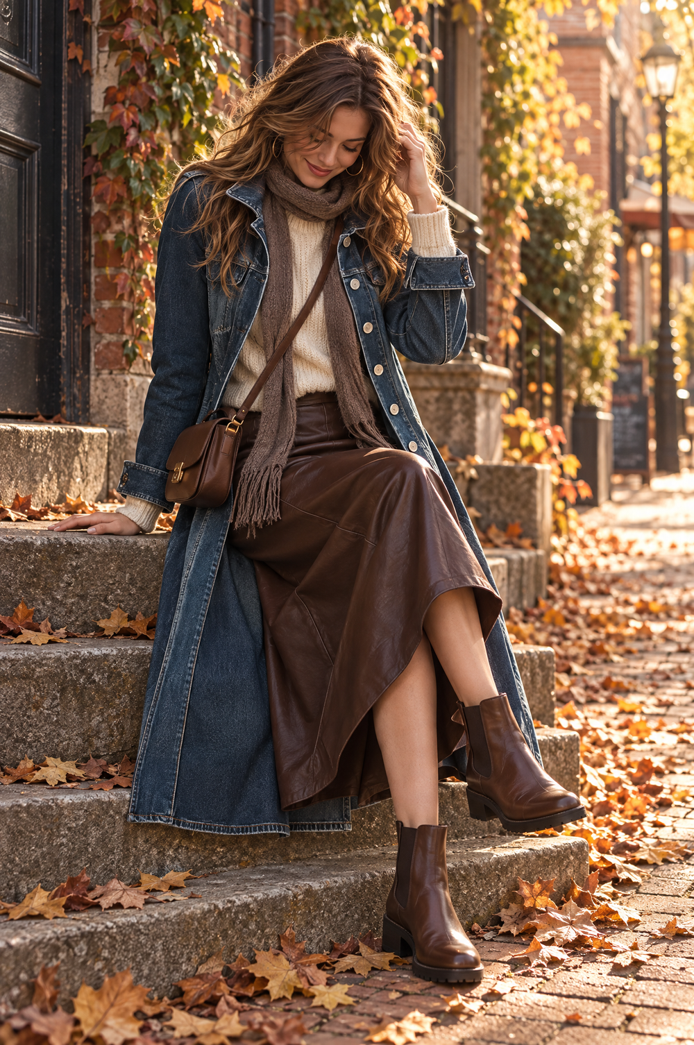 Boho Long Washed Denim Trench Coat With Structured Collar