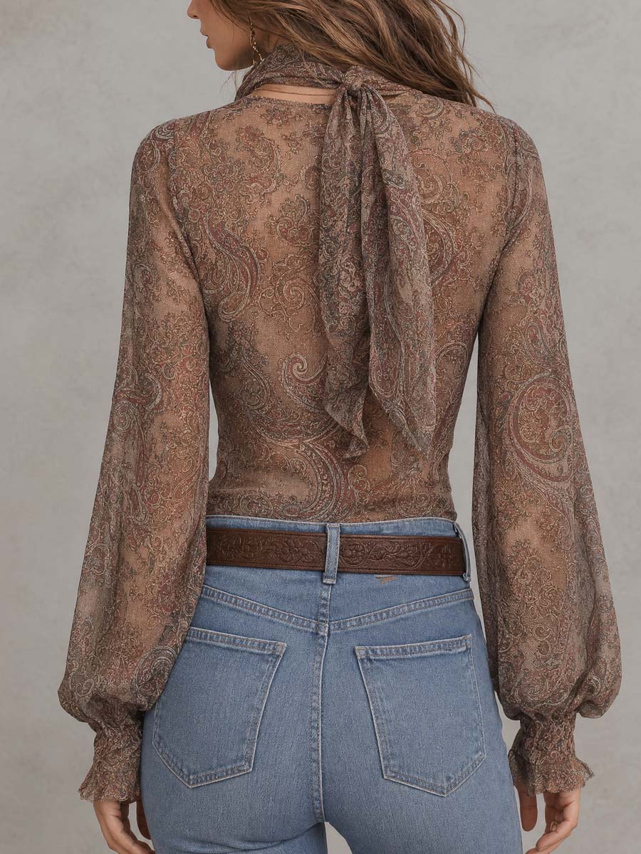 Paisley-print Lace Neck Mesh Long-sleeve Blouse