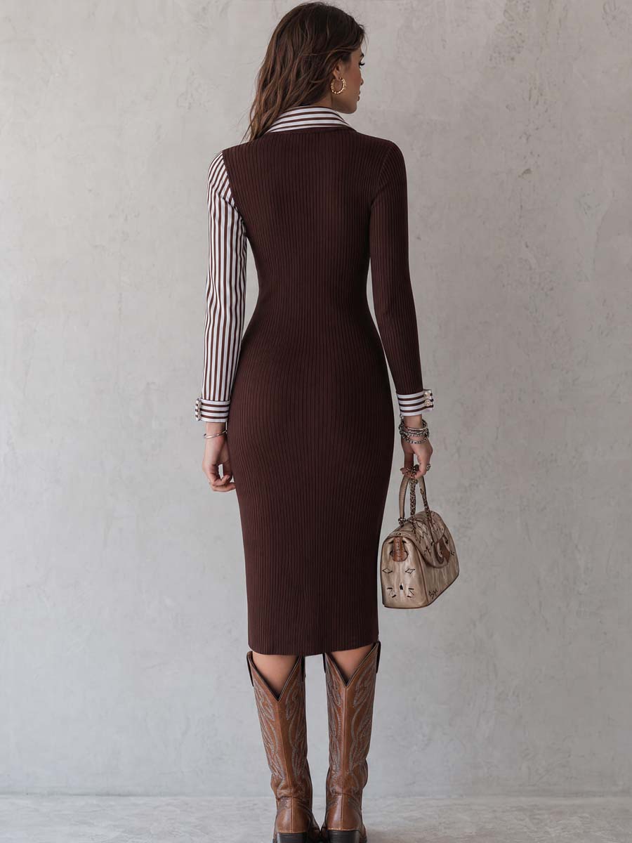 Asymmetric-shoulder Striped Knit Faux Two-piece Midi Dress
