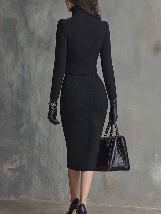 Vintage Wool-blend Jacket With An Asymmetrical Placket Knitted Skirt Two-piece Set