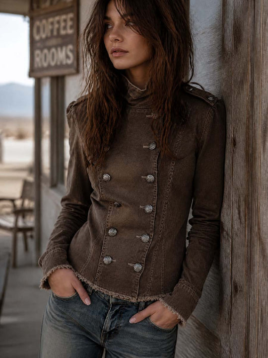 Distressed Double-breasted Denim Jacket