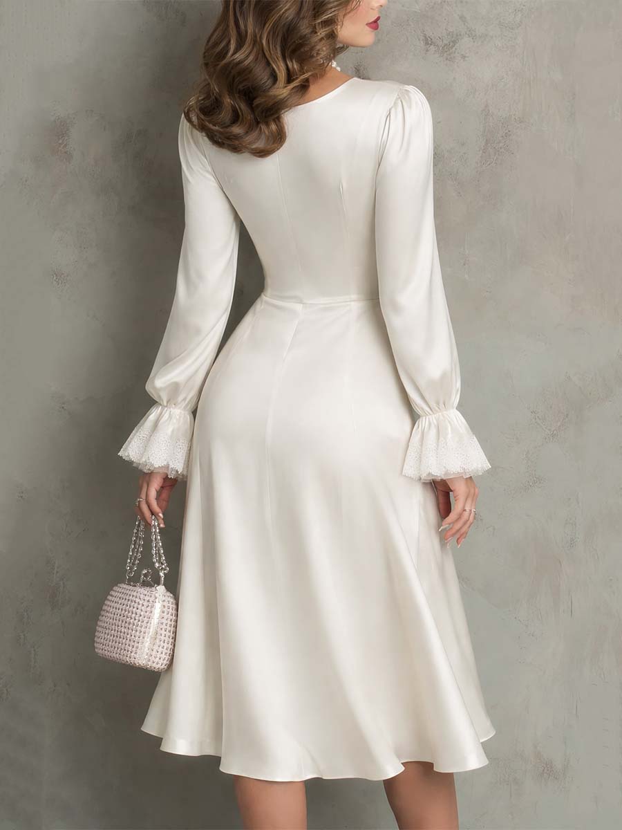 Vintage Lace Trim Polyester Satin Midi Dress