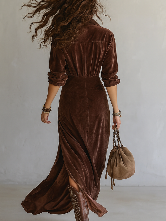 Vintage Button-stitched Pleated Velvet Midi Dress