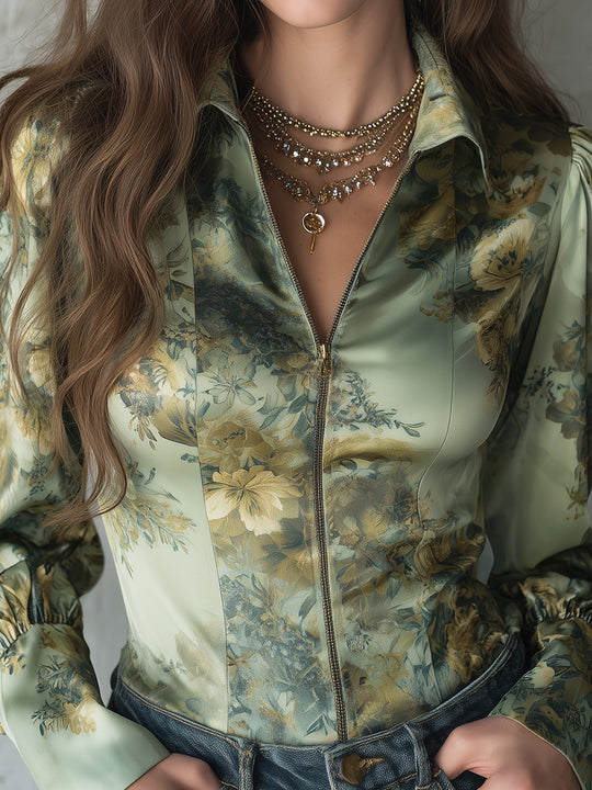 Retro Floral Print Satin Long Sleeve Blouse
