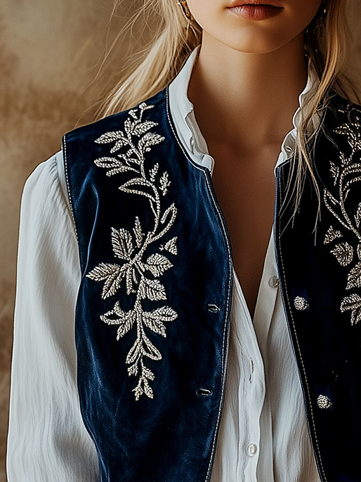 Chic Silver Leave Embroidery Button Down Velvet Vest