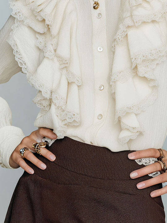 Romantic High-Neck Ivory Victorian Ruffle Lace Blouse