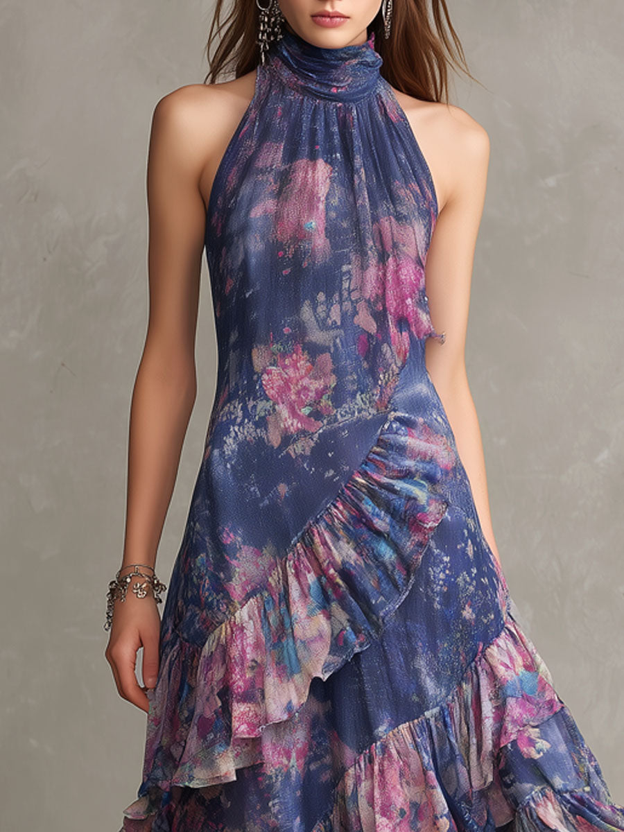 Bohemian Sheer Layered Ruffled Floral High-Neck Maxi Dress