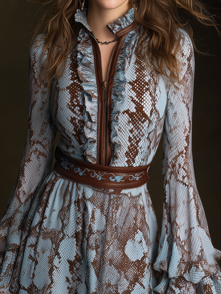 Bohemian Style Snake Print Embroidered Patchwork Chiffon Mini Dress