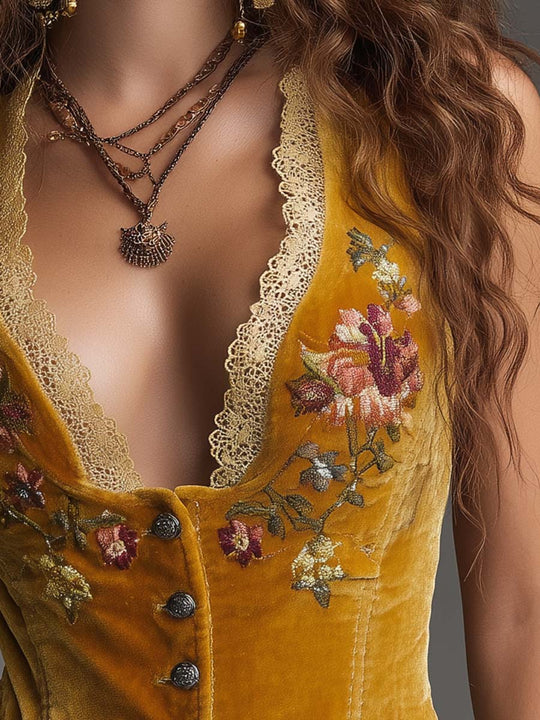 Embroidered Velvet Corset Vest In Golden Marigold