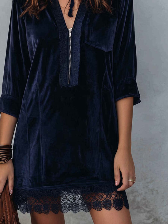 Retro Boho Style Zip-up Collar Polyester Velvet Mini Dress