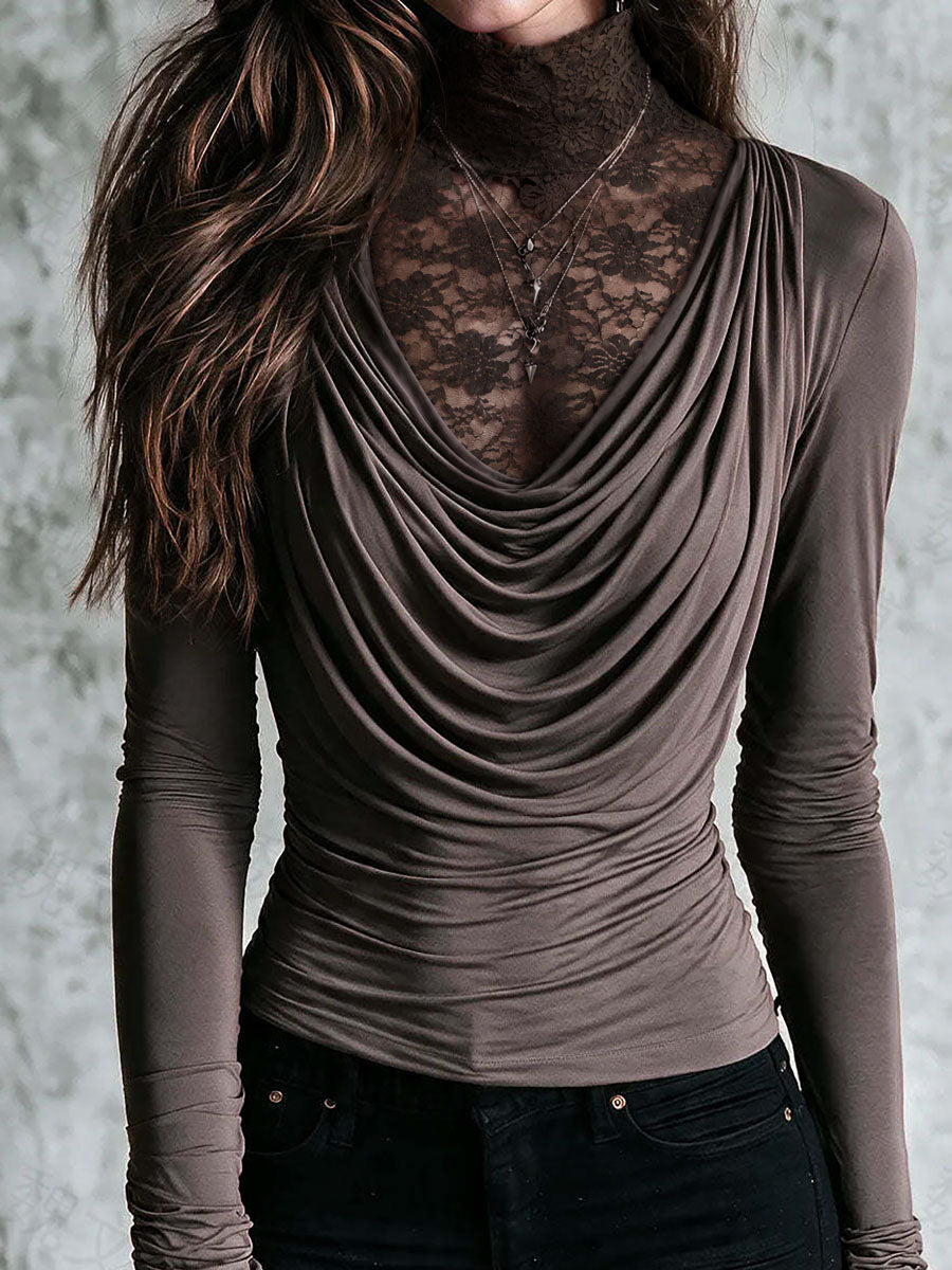 Boho Taupe Lace Mock Neck Draped Cowl Long Sleeve Two-in-One Top
