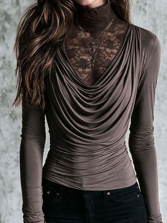 Boho Taupe Lace Mock Neck Draped Cowl Long Sleeve Two-in-One Top