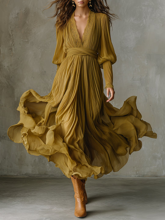 Bohemian Holiday Chiffon Pleated Lace Maxi Dress