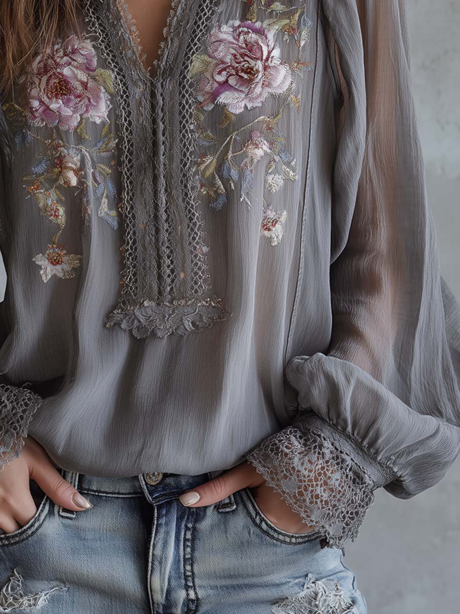 Vintage Embroidered Lace-trimmed Chiffon Blouse