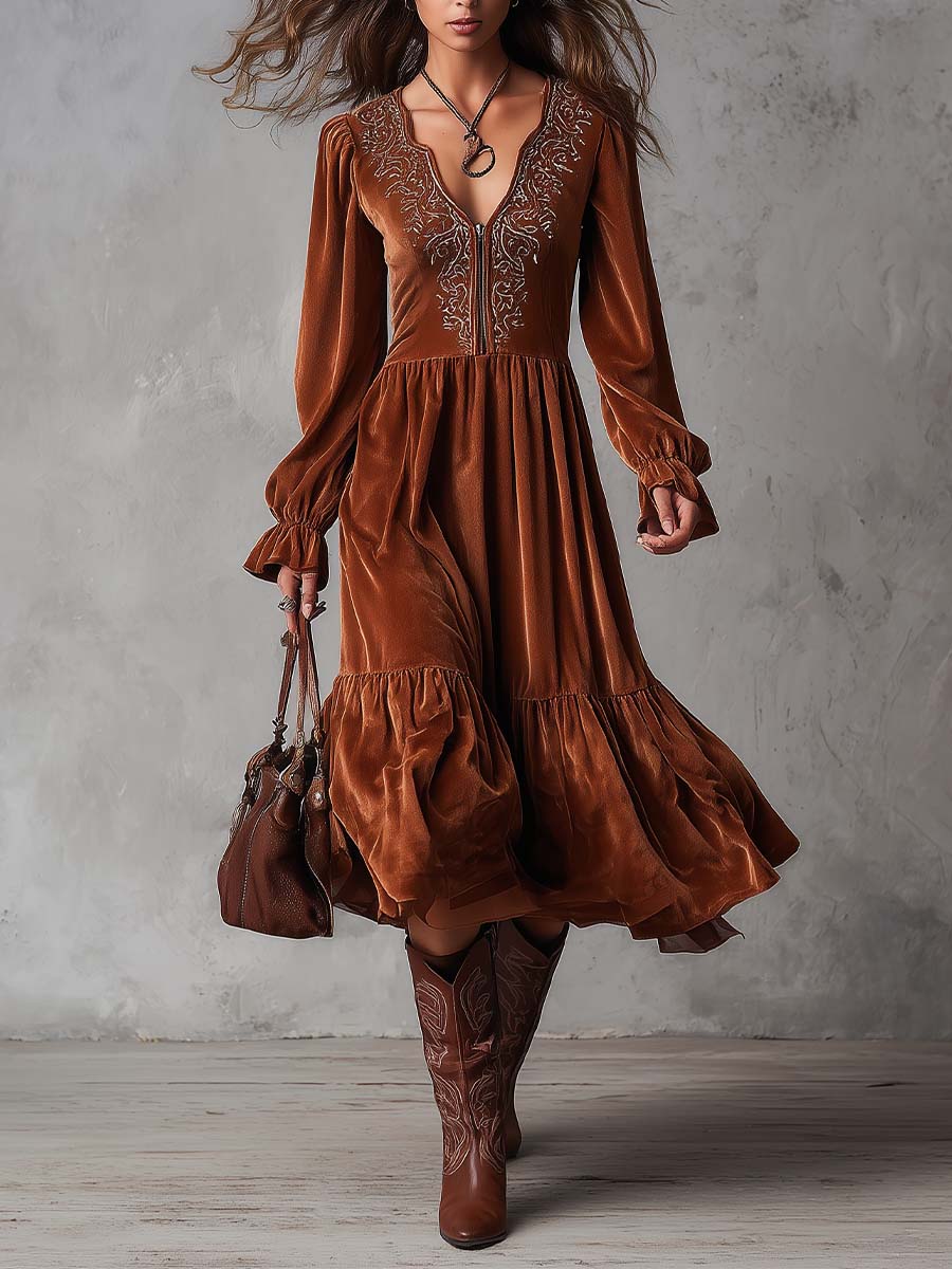 Caramel Velvet Midi Dress With Embroidered Front And Flowy Hem