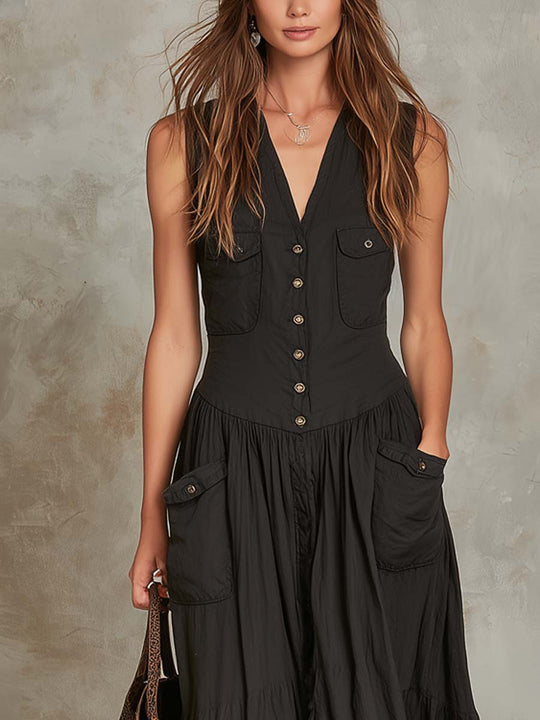 Retro Flap Pocket Cotton Linen Maxi Dress