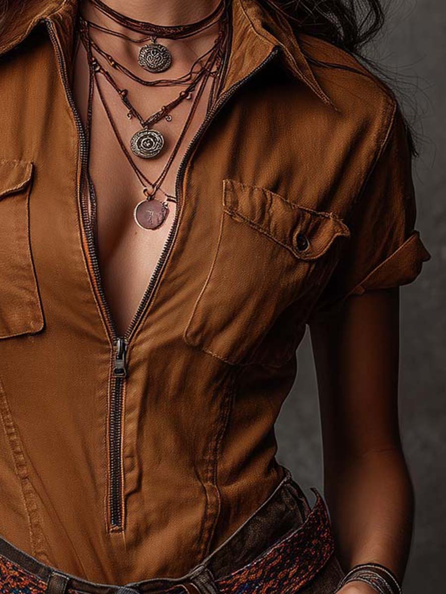 Classic Caramel Zip-Front Utility Short Sleeve Shirt