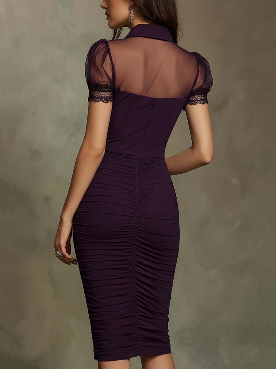 Retro Sheer Shoulder Short-sleeved Stretch Midi Dress