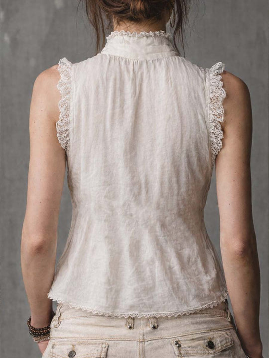 Vintage Zippered Collar Lace-trimmed Cotton Linen Tank Top