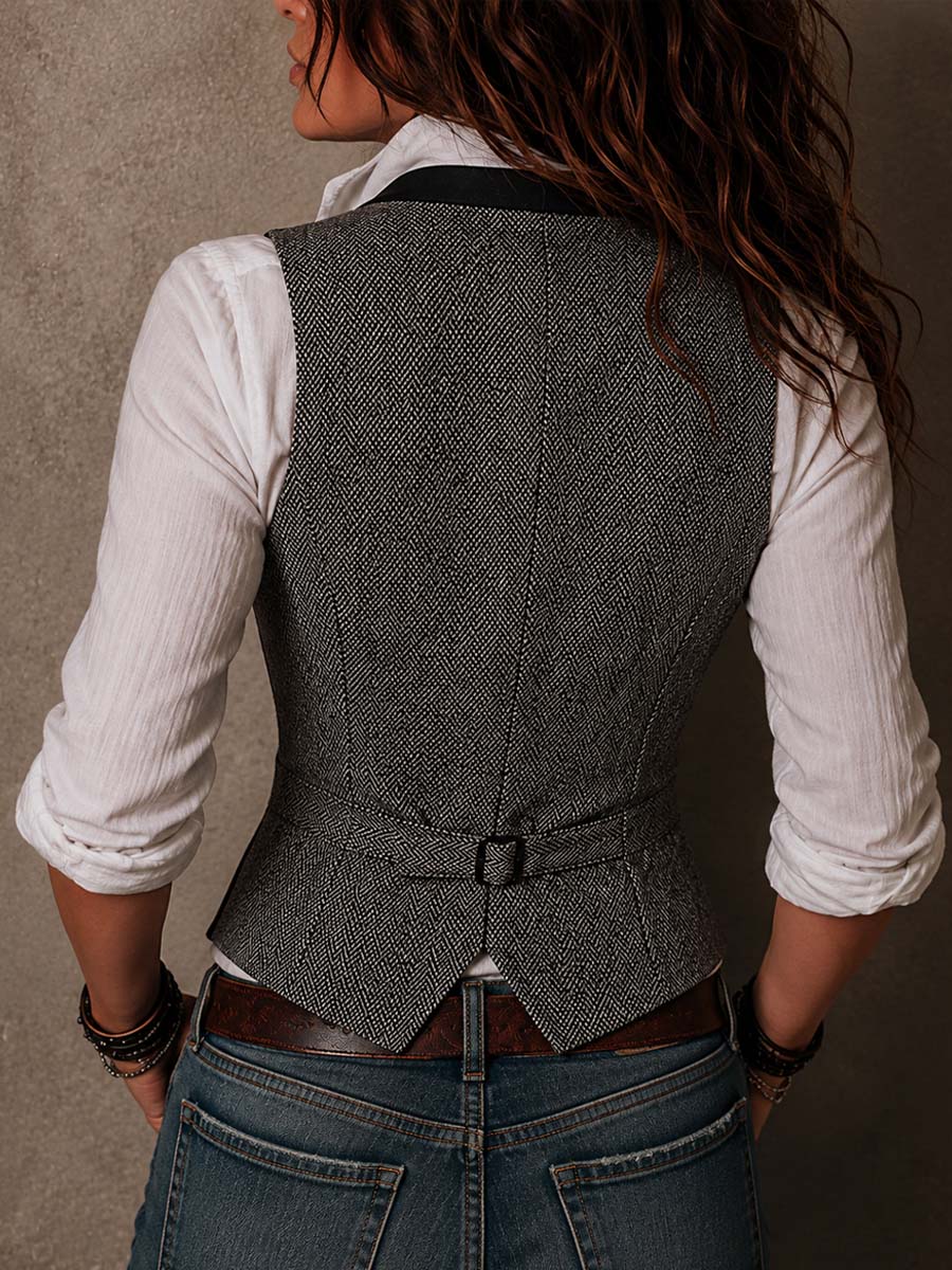 Vintage Contrast Trim Herringbone Vest