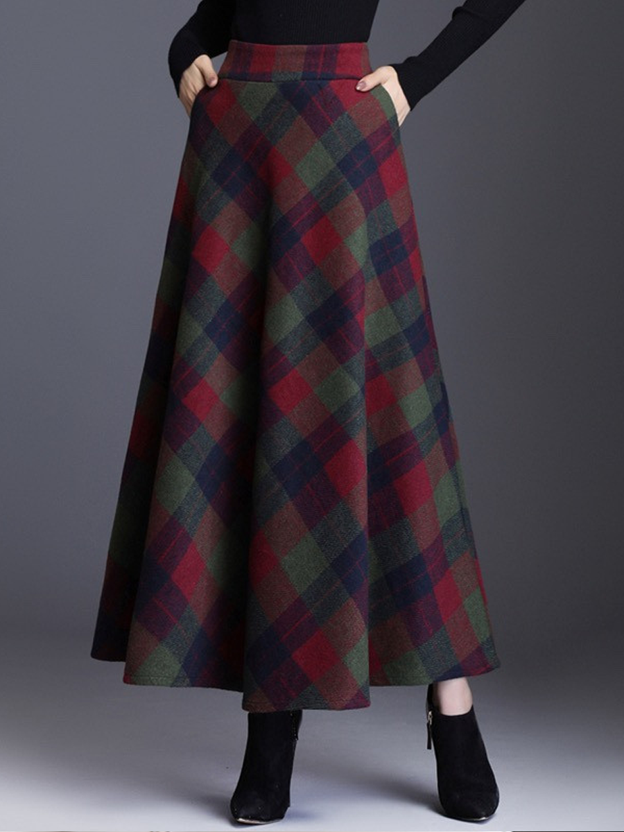 Contrast Plaid Woolen Skirt