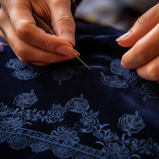 Embroidery Bell Sleeves Velvet Dress With Lace Trim