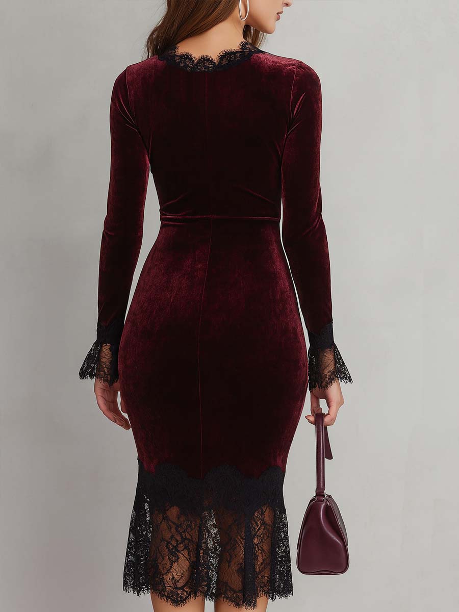 Retro V-neck Lace Trim Polyester Velvet Midi Dress