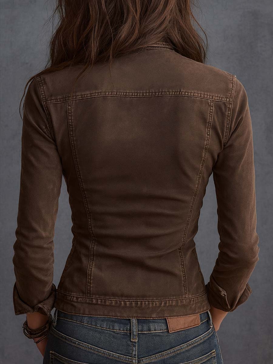 Retro Slim-fit Distressed Zipper Denim Blouse