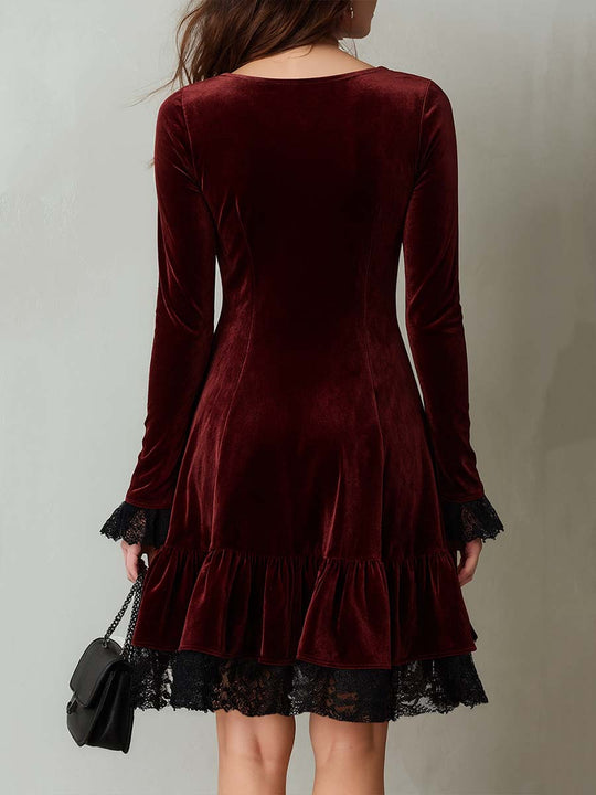 Retro Contrast Lace Trim Flare Hem Polyester Velvet Midi Dress