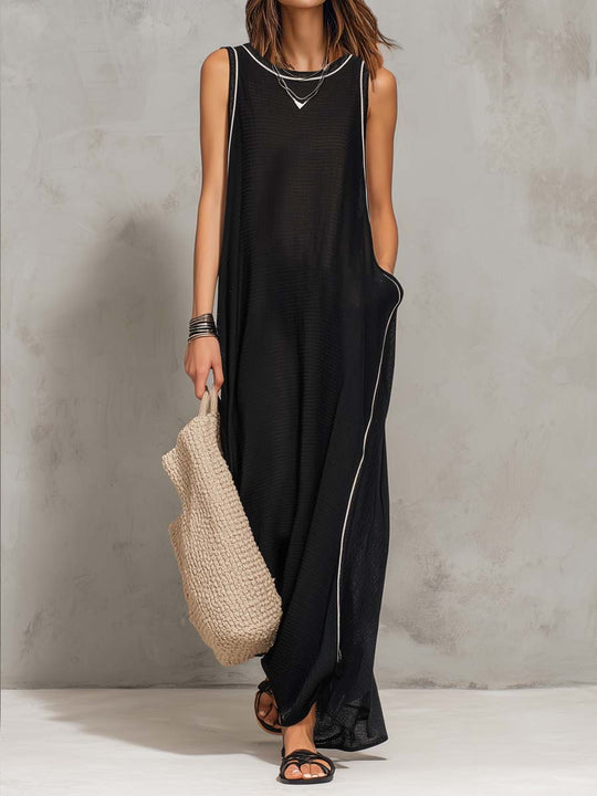Retro Contrast Trim Sleeveless Maxi Dress