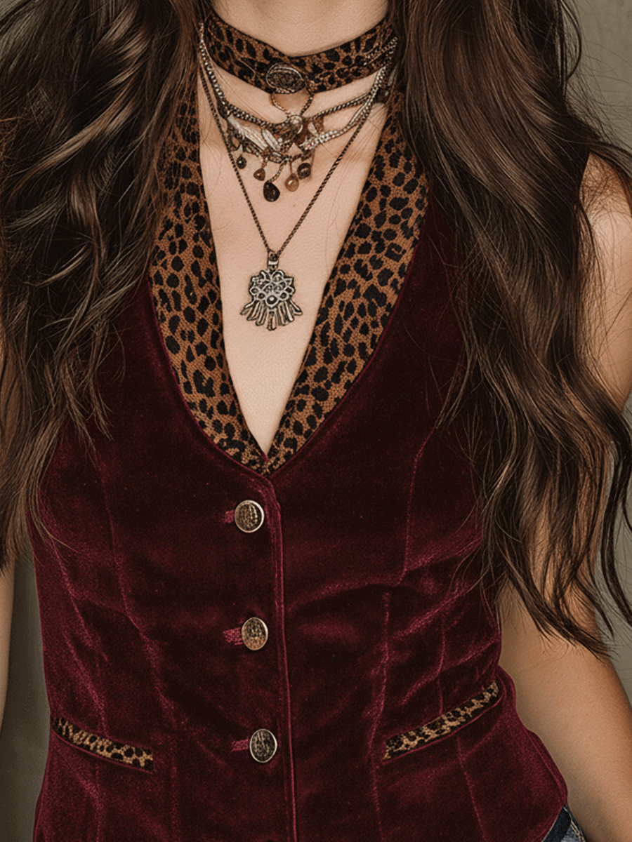 Vintage Velvet Leopard-Trim Corset Burgundy Boho Luxe Vest