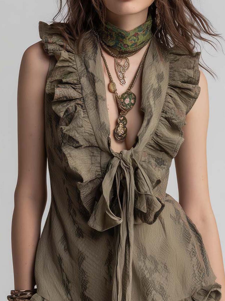 Cotton Snake-Print Ruffle Tie-Front Dress