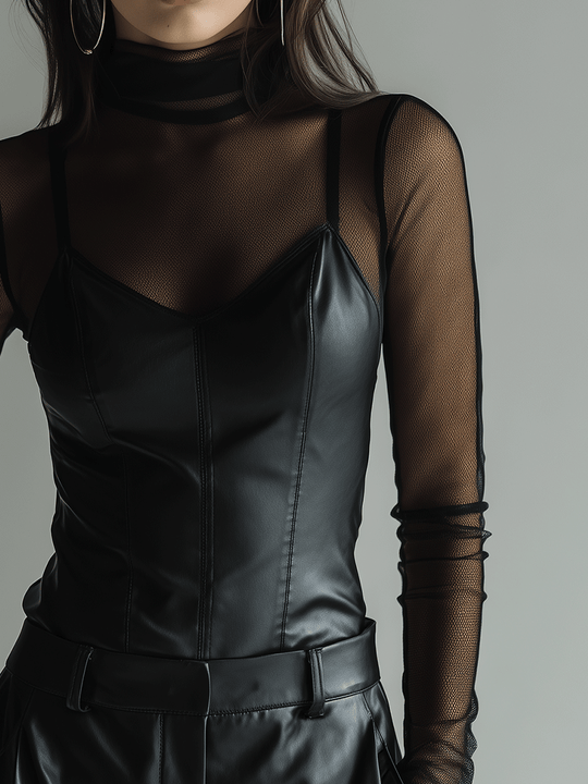 Fashion Black Sheer Mesh Layered Faux Leather Top