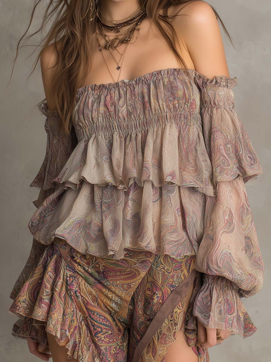 Vintage Off-the-shoulder Paisley Print Blouse
