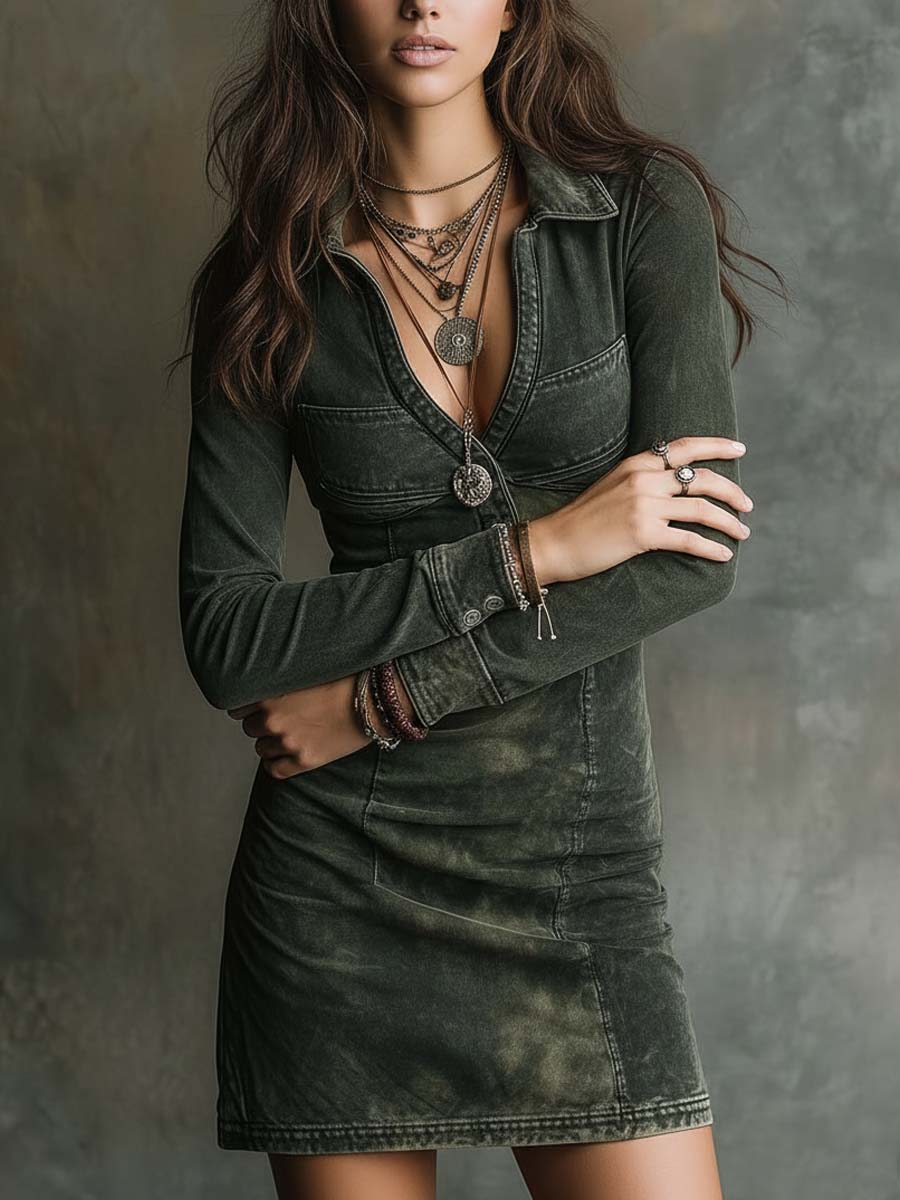 Washed Army-Green Fitted Denim Mini Dress