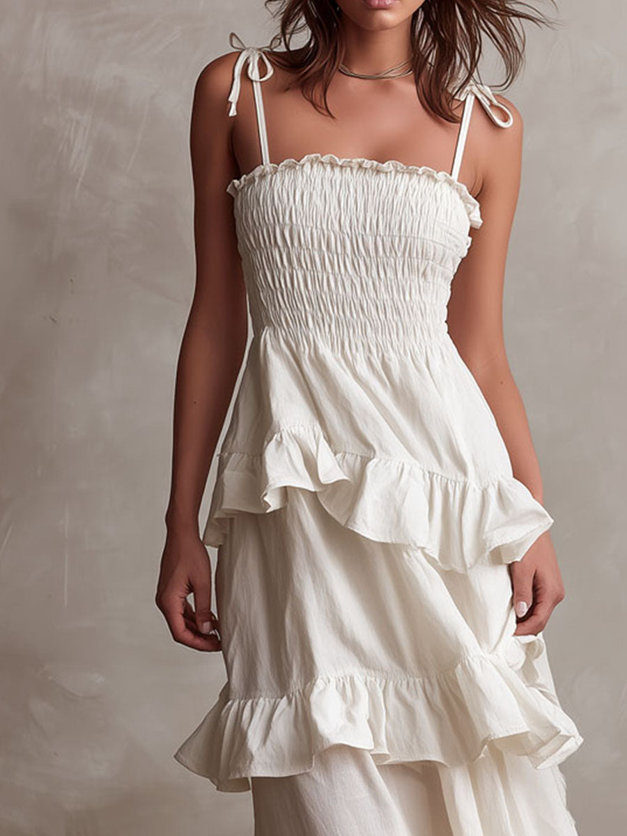 Boho White Linen-Blend Smocked Ruffle Maxi Dress