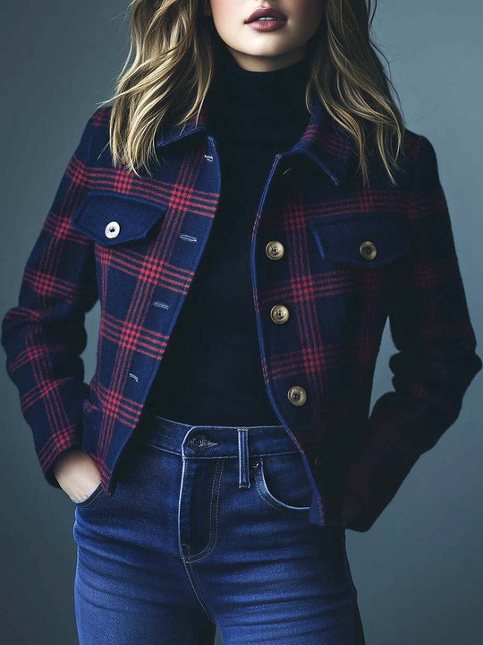 Chic Lapel Check Pattern Pockets With Flap Woolen Jacket