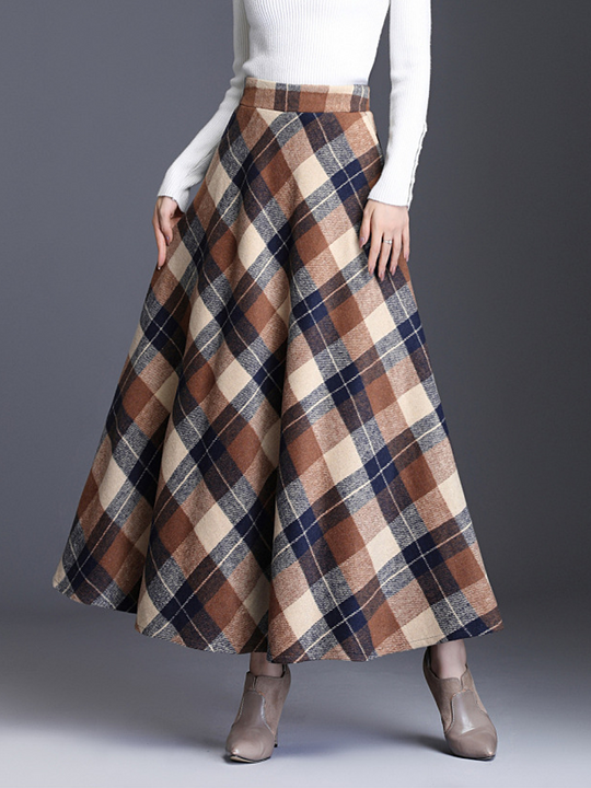 Contrast Plaid Woolen Skirt