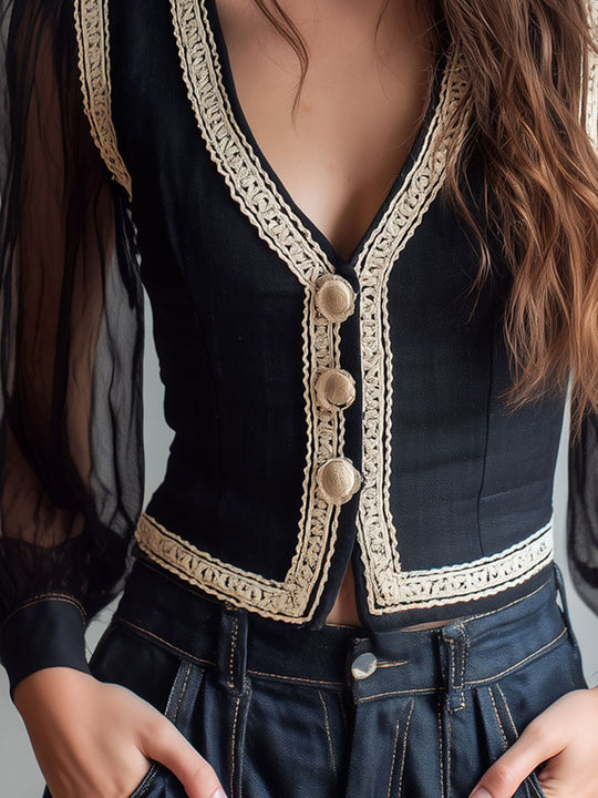 Retro Black Lace Trim Sheer Sleeve Crop Vest Top