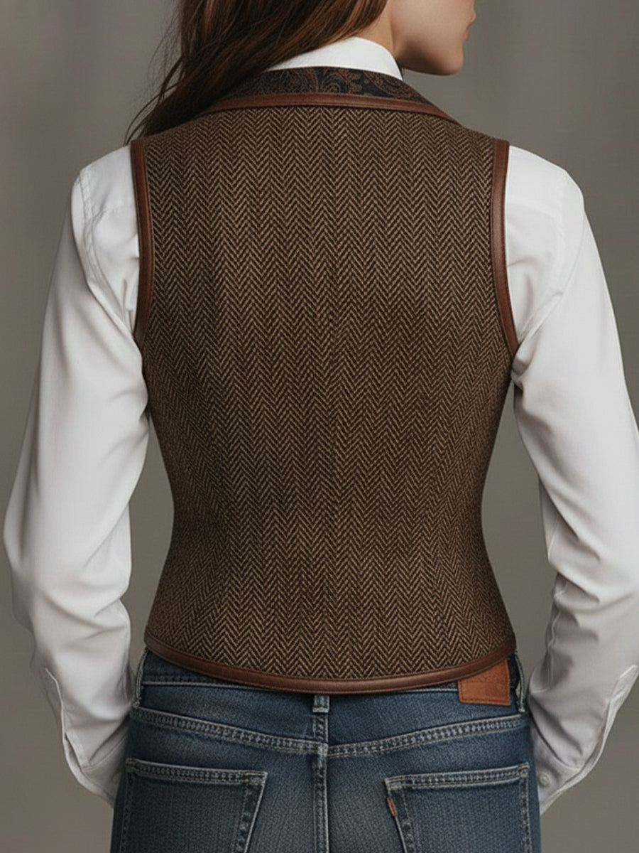 Herringbone Pattern Vest With Printed Lapel