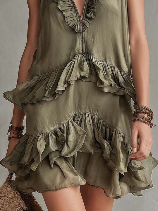 Boho Vintage Olive Ruffle V-Neck Tencel Mini Dress
